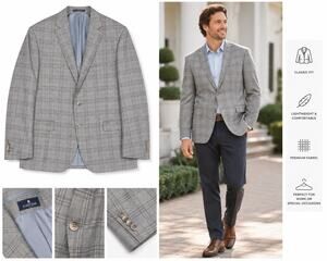 Hart Schaffner Marx Suit Mens 46L Grey Blue Glen Plaid Dillards USA Made NY Fit